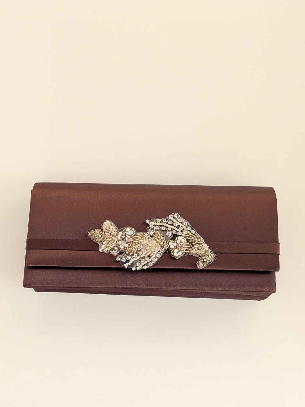 Brown Embellished Satin Evening Clutch